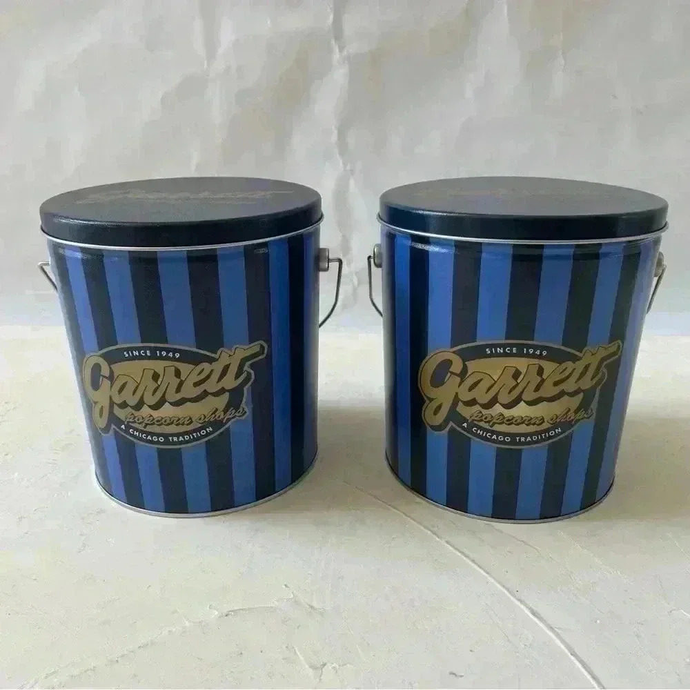 2 Garrett Empty Popcorn Tin Can Blue Stripe 7" Height & 6.5" diameter Souvenir